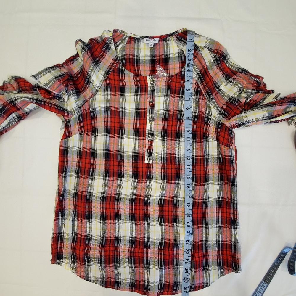 Splendid Plaid Button Front Ruffle Sleeve Top - Picture 11 of 14